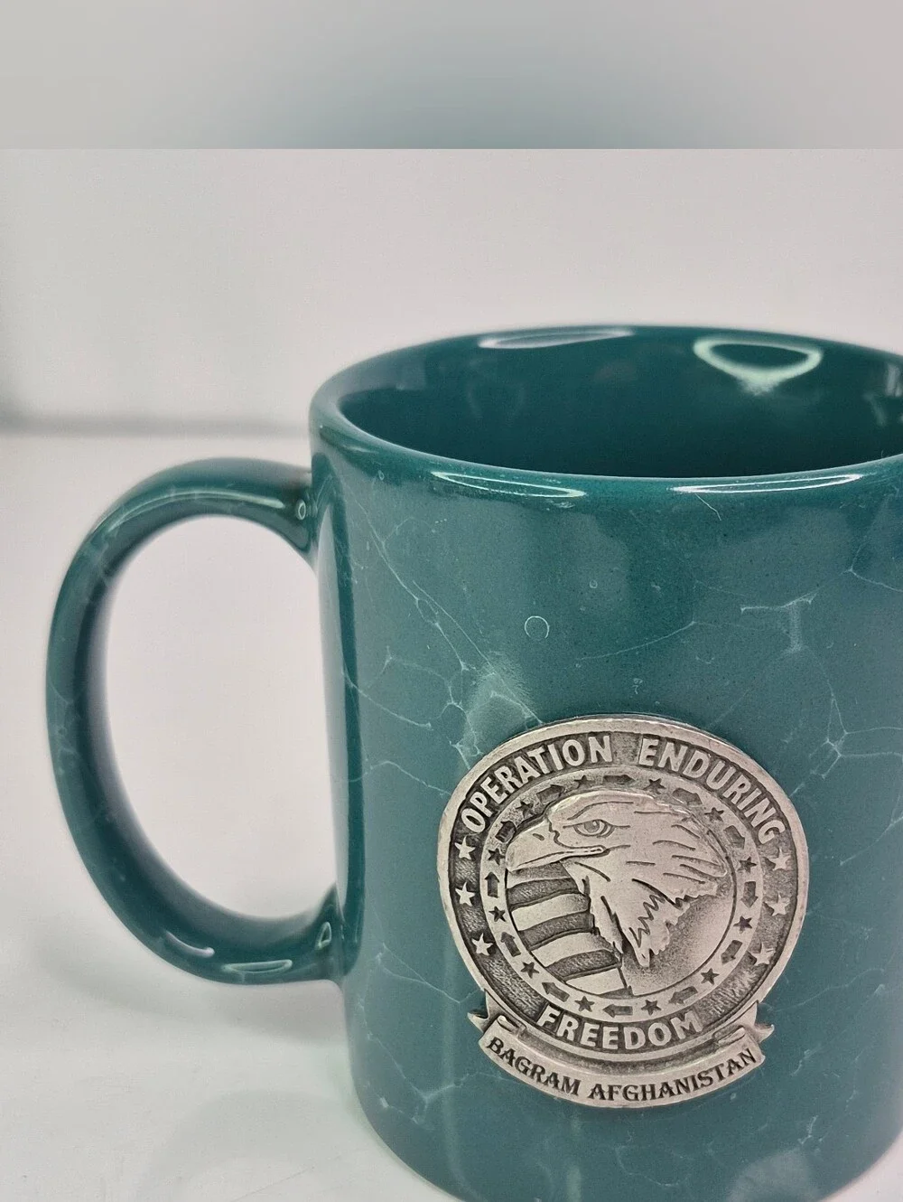 Operation Enduring Freedom Bagram Afghanistan Mug with Metal Insignia.